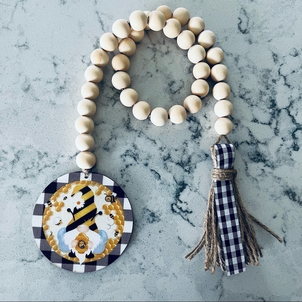 Bee Honey Gnome Wood Bead Garland Tassels Wood Beads Tiered Tray Decor yellow